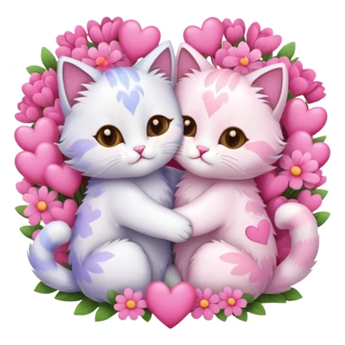 Cute cats hugging each other surrounded by pink hearts and flowers  sticker