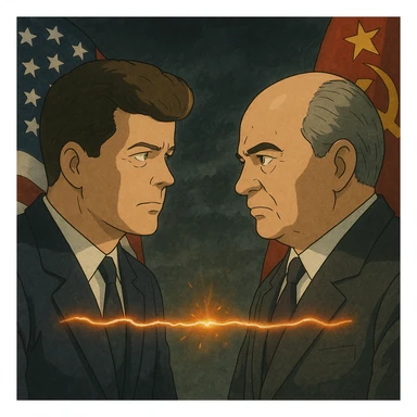 realistic illustration of John F. Kennedy and Mikhail Gorbachev facing each other, a glowing hot wire connecting them, US and Russian flags, tense Cold War atmosphere sticker