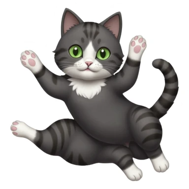 solid dark grey cat with green eyes, white toes/paws and white patch on her chest playfully rolling upside down sticker