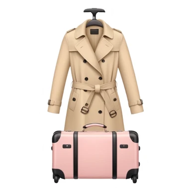 Beige trench coat draped over pastel pink carry-on luggage, minimal backdrop sticker