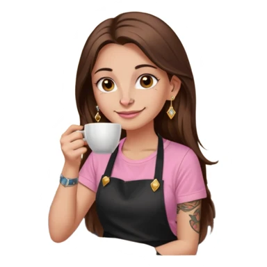 Fille cheveux long châtain, peau beige type européen yeux marron, teeshirt rose avec un tablier noir, piercing au nez anneau doré, boucle d’oreille diamant doré. Elle boit un café Tatouage à la gorge sticker