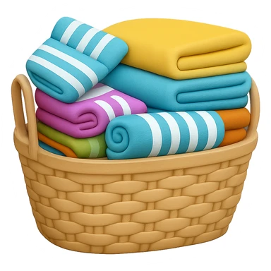 Make the wicker basket a little lighter in color, keep towels and socks overflowing with folded towels on top, in the style of emoji. Remove the background. sticker