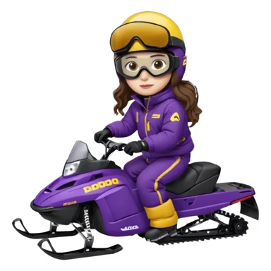 Brown, long wavy hair, ski-doo jacket and pants ski doo boots helmet and goggles, dark purple sled Sitting on dark purple snowmobile goggles and helmet not covering my face brown eyes white skin dark purple formula 1995 snowmobile change sled color dark purple and white not yellow sticker