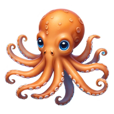 Cinematic Cute Octopus Portrait Emoji, Head tilted playfully and inquisitively, featuring a rounded, light orange body embellished with playful blue rings, eight adorably curling arms, and big, twinkling eyes full of wonder, Simplified yet irresistibly adorable features, highly detailed, glowing with a warm, inviting underwater glow, high shine, affectionate and lively, stylized with a touch of whimsical cartoon charm, soft glowing outline, capturing the essence of a mischievous yet loving octopus that seems as if it could bob out of the screen into your arms! sticker