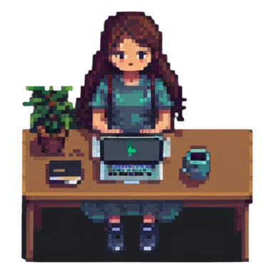 girl working on a MacBook, pixel art style sticker