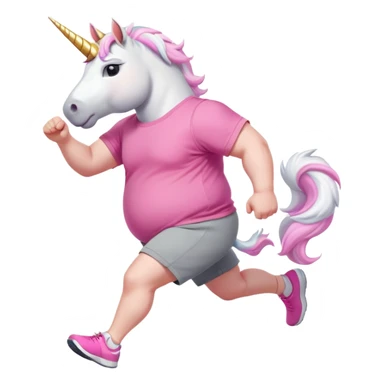 friendly anthropomorphised male white unicorn with an extra chunky, very strong and stocky build, arms and legs matching the white of the head, in grey shorts and pink t-shirt, wearing dark sunglasses, jogging upright in a relaxed pose sticker