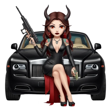 Lilith model red eye sexy black  devil horns.  long brown haired sexy succubus woman with leather long dress slit, sitting on rolls Royce. Wearing Black Platform high heels on feet. Tattoo sleeve arms, she has stacks of cash and a man dead human skull is on top of stack of cash and a gun in  hand sticker