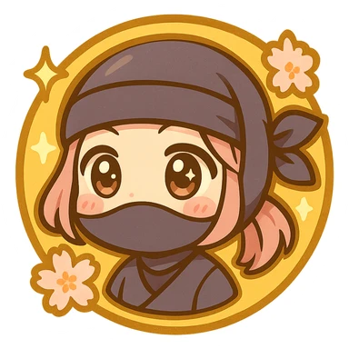 Make the badge look more anime style with bold anime-style highlights, shading, and linework for a vibrant, dynamic look. Keep the chibi ninja girl's face in the center, gold color, sakura flowers, sparkly effects, and overall badge shape. Transparent background, sized for Twitch or Discord use. sticker