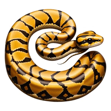 A photo-realistic top-down view of a Ball Python gently coiled into a tight spiral, with its head resting peacefully at the center. Its scales are warm brown with bold, irregular black markings, including the distinctive “alien-head” pattern, flowing smoothly along its body.  sticker