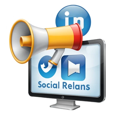An icon featuring a megaphone, a press release, and a social media icon, symbolizing advertising and public relations. The design includes a billboard and communication network lines, representing brand promotion and media outreach. Transparent background highlights the power of communication. sticker