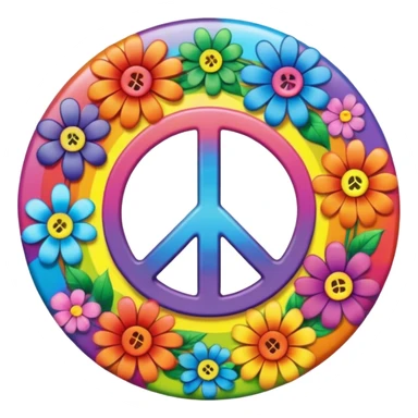 A round psychedelic colored button that says peace with rainbow colored hippie style flowers sticker