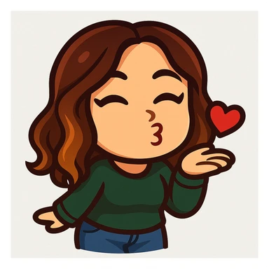chibi emote of the woman from the reference images, wearing a green sweater and jeans, blowing a kiss, no headband, no wand, transparent background sticker