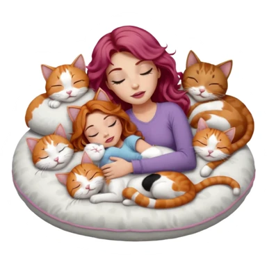 girl with long wavy brown hair, long lashes makeup, sexy pink lips, light to medium complexion,  sleeping on a cozy pillow, with 6 cats: 1 ginger/white, 1 grey with white paws, 1 calico, 2 grey and white and one tabby and white sticker