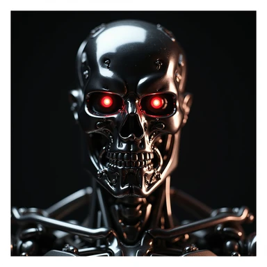 Terminator robot head, metallic, red glowing eyes, realistic style, inspired by the 'I'll be back' scene, dramatic lighting sticker