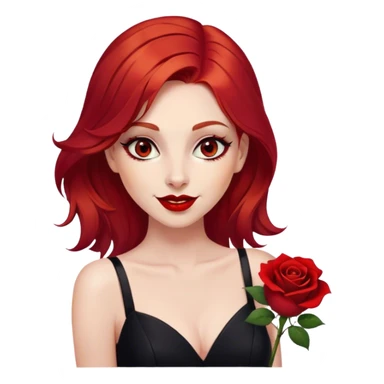 a beautiful woman with red hair and red eyes. The woman wear a black little cutted dress. She have red lipstick and she have a seductive look and smile. She have a rose flower in her hair sticker