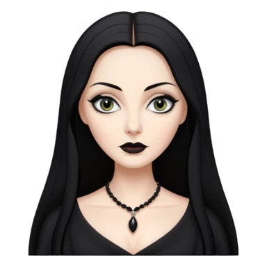 Create a realistic portrait of Morticia Addams with long black hair, elegant black dress & sharp gaze. sticker