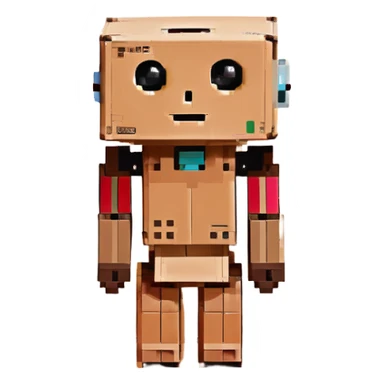 small cardboard robot named Danbo standing alone in a softly lit room, square head with two round black eyes and a small rectangular mouth, folded cardboard body, jointed arms and legs, warm wooden floor, soft shadows, cartoonish, clean lines, pastel colors, cozy and nostalgic atmosphere sticker