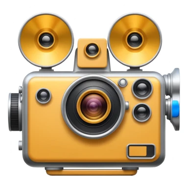 Minimal emoji icon of a huge cinematic metalic camera, front view, realistic lens, no gold sticker