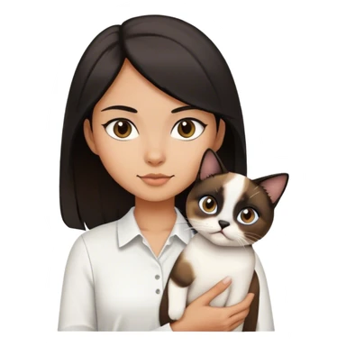 A girl with medium brown to black hair wearing a white shirt and holding a Siamese cat   sticker
