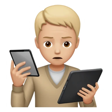 emoji holding and drawing on tablet, looking down at screen in frustration sticker