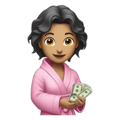 a rat female with a pink bathrobe and black hairs, holding a bunch of money sticker