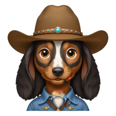 mostly black with some brown long hair daschund with a cowboy hat sticker