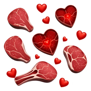 Ethereal red steaks, liver, and dark meat cuts floating alongside a glowing bone marrow. They transform into bright red blood cells that flow toward a heart at the center. The heart pulses with energy that radiates throughout a silhouette of a body, illustrating how heme iron creates vitality. sticker