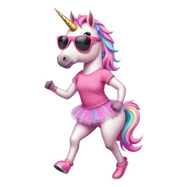 friendly anthropomorphised female unicorn with horse-like face, in tutu and pink t-shirt, wearing dark sunglasses, jogging upright in relaxed pose sticker