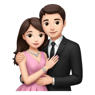 Brunette girl, with an engagement ring on her finger hugging a handsome man, (her boyfriend) both of them happy, she’s wearing a pink dress, he is wearing a black suit, he’s also a rich businessman, and there is the 💜 purple heart emoji on top. They look in love with each other.  sticker