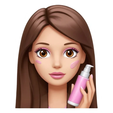 Barbie girl a brown long Straight hair and brown eyes is In pale pink smears by hand cosmetic cream on her face sticker