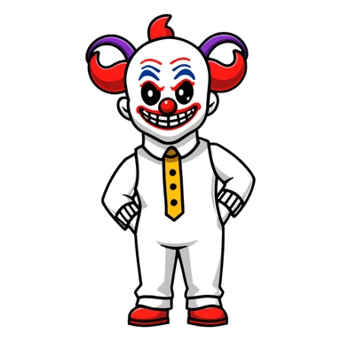 full-body demonic clown in a white leisure suit with bellbottom pants, bald, with black ram horns sticker