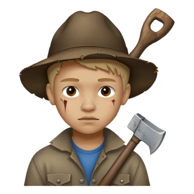 13 y/o Brian robeson at the beginning of Hatchet
distressed, has hatchet, small scratches on face, no blood on hatchet sticker