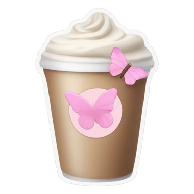 Latte coffee with the pastel pink glass and a pink butterfly sticker sticker