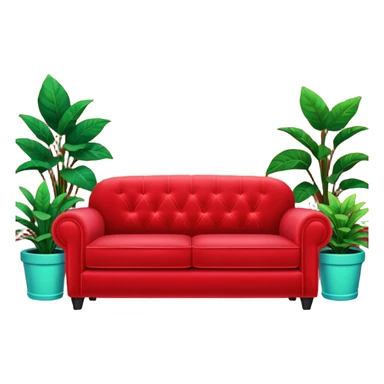 red velvet couch, mic in front, houseplants in back, and a neon sign saying "karaoke", and NO PEOPLE IN IT sticker