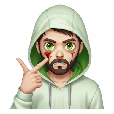 zombie pointing finger, undercut hairstyle with dark brown hair, short full beard, heterochromia with one green eye and one brown eye, wearing plain white hoodie with hood up sticker