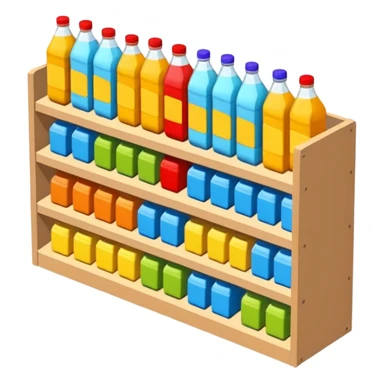 3D warehouse shelf with drinks bottles and products, 
organized retail shelves, colorful product packages, store inventory, 
transparent background, emoji style, realistic, isometric view sticker