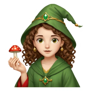 very beautiful italian girl, hazelnut brown eyes, looking like Emma Watson, with curly and big volume very bright brown hair, and a golden piercing ring in nose on left side, dressed in a beautiful wizard robe of green colors, holding red fly mushroom sticker