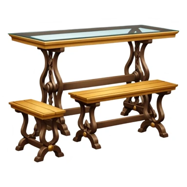 A glass topped rectangular trestle table with 2 benches on the long sides and 2 thrones at the ends sticker