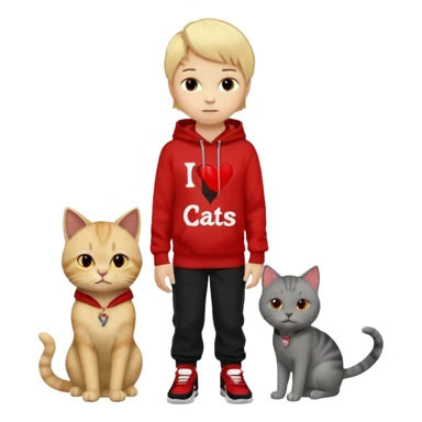A 8 year old boy wearing a red and black hoodie say I heart cats he’s blond he has red Jordan’s and Hess wearing black pants he’s next to a gray cat with yellow eyes  sticker