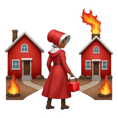 handmaids tale style woman burning house down walking away from house. shes wearing the nun hands maid tale hat cant see her face with brown hair shes wearing the red handmaids tale costume with white bonnet sticker