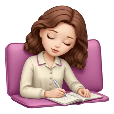 White Barbie girl dark Chestnut bob wavy hair sleeping with In pale creamy color clothes, he writes in a notebook sticker