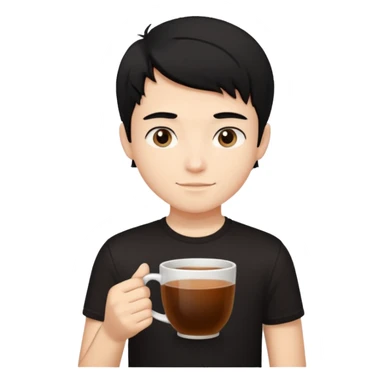 The boy teen have a black hair, and black T-shirt with a cup of tea sticker