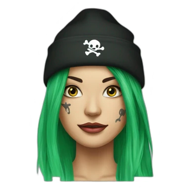 Woman long green hair on one side, tattoo on side of head. other side of head is shaved.  pirate hat. skull and crossbones t shirt sticker