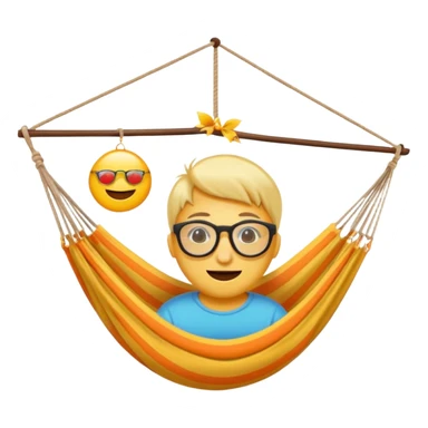Créer un emoji stylisé et coloré représentant le week-end, joyeux et relaxant. L’emoji doit être rond, lumineux, avec un visage souriant ou des lunettes de soleil. Ajouter des éléments évoquant le repos ou le plaisir : café, hamac, soleil, musique, détente.  sticker
