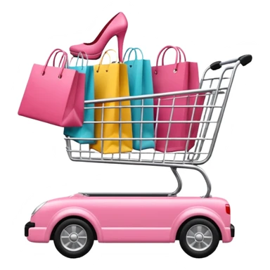 Carrinho na cor rosa cheio de compras femininas, com diversas maquiagens, roupas  sticker