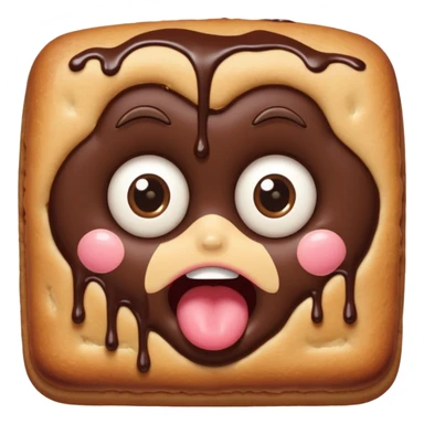 Rectangular chocolate mini pastry, slightly messy and squished, chocolate dripping, big round eyes, wide open mouth, playful surprised expression, text above: "ПАСТИЧКА", chibi style, Twitch emoji style, transparent background, colorful

 sticker