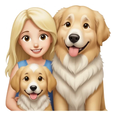 A very large goofy looking great Pyrenees dog with his golden retriever, brother, and a very pretty blonde girl, smiling very big with large eyes sticker