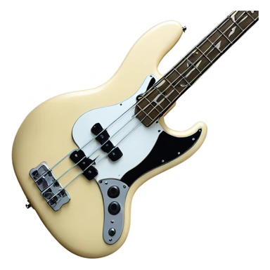 Cream colored fender fretless jazz bass with white pearloid pick guard sticker