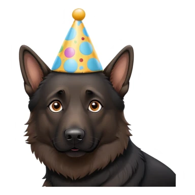 Black German shepherd with a birthday hat sticker