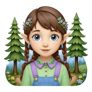 Kind happy whimsical quirky Girl toymaker, wood carving elf. Woodland nature creator. Blue eyes. brown hair (short — inch longer than chin length) wavy hair & bangs. Whimsical playful cute. Overalls with nature embroidered cute shirt collar. Light green, light purple and light blue colour aesthetic  sticker